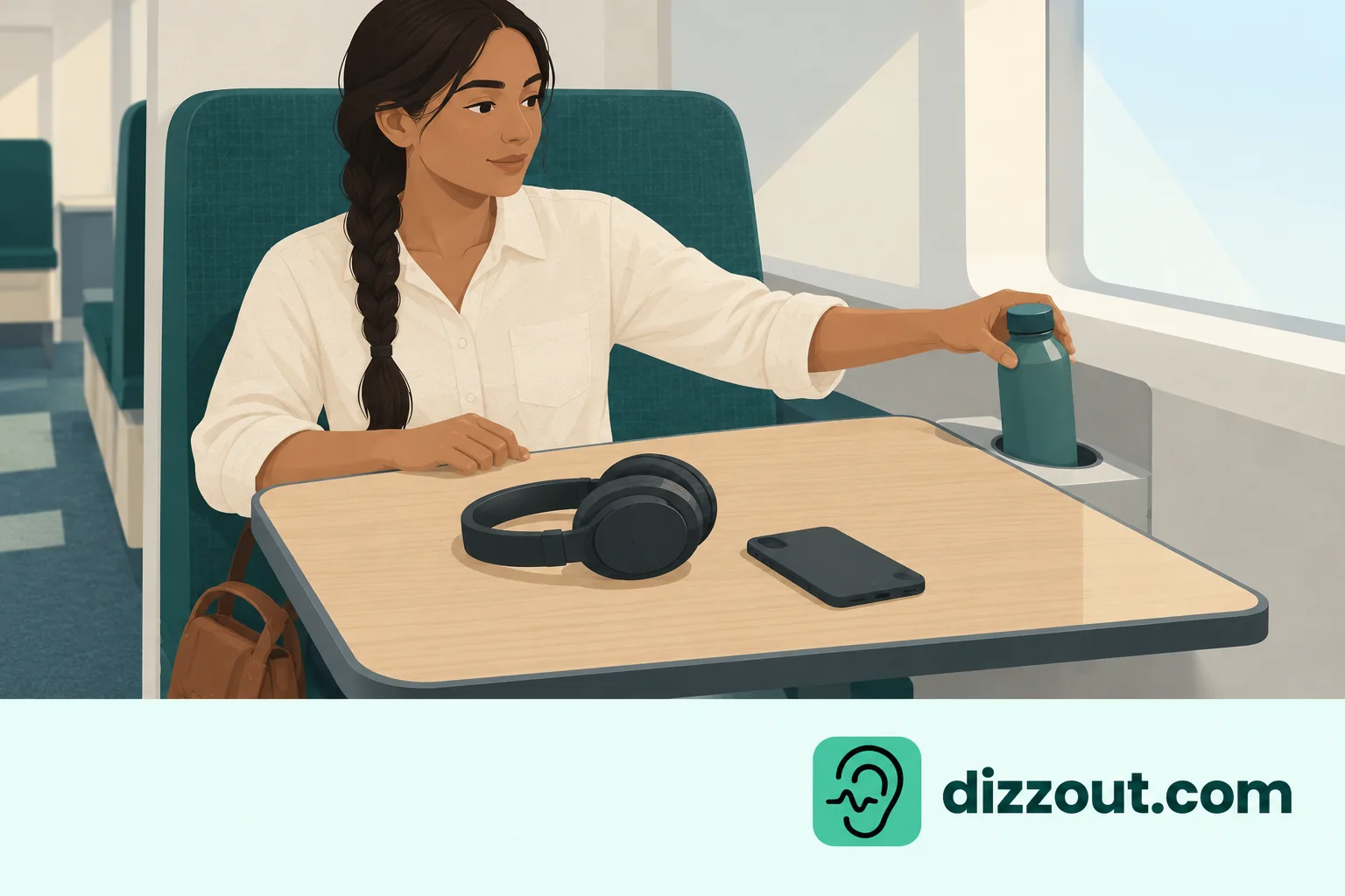 Seated cabin traveler places a capped drink in a separate holder beside a dry table with phone and headphones.