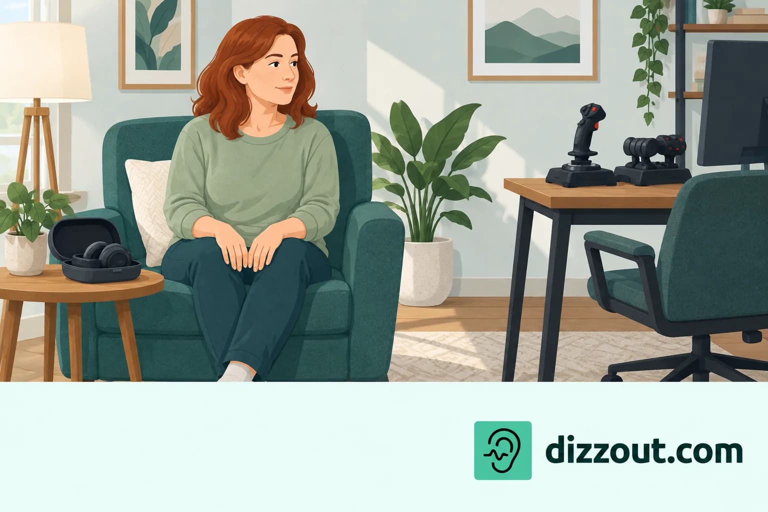 Adult sits in an ordinary armchair away from an idle home simulator, with headphones set aside.