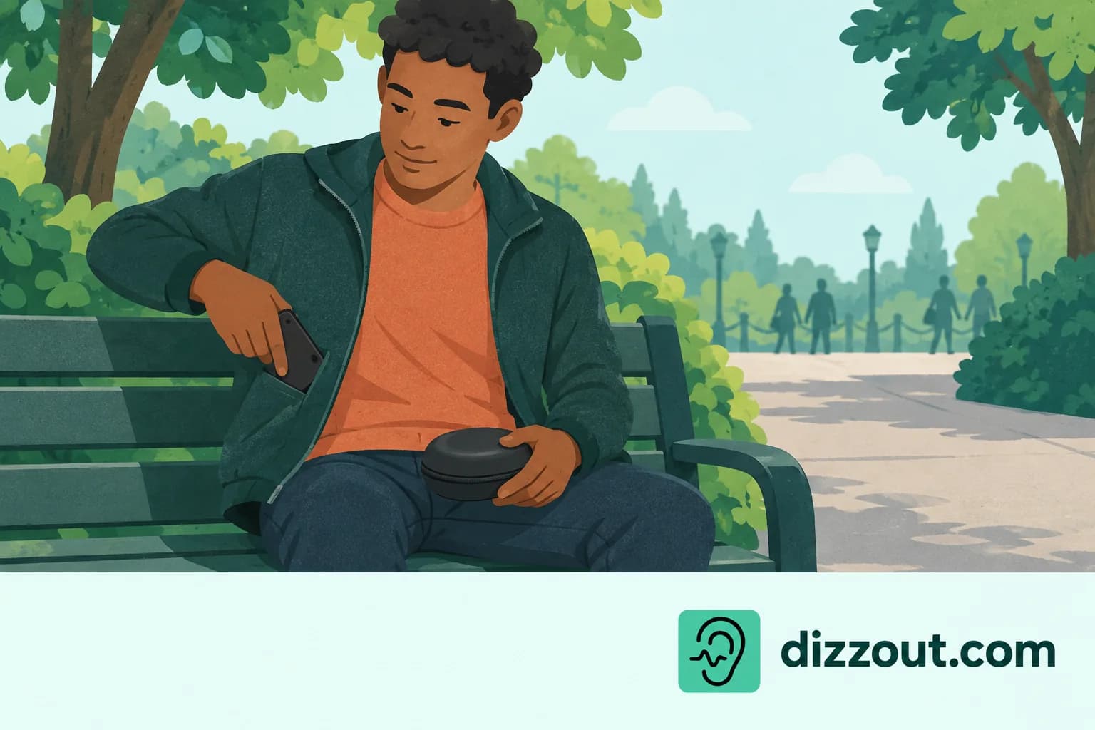 Adult puts a phone into a jacket pocket while seated on a shaded bench away from a ride queue.