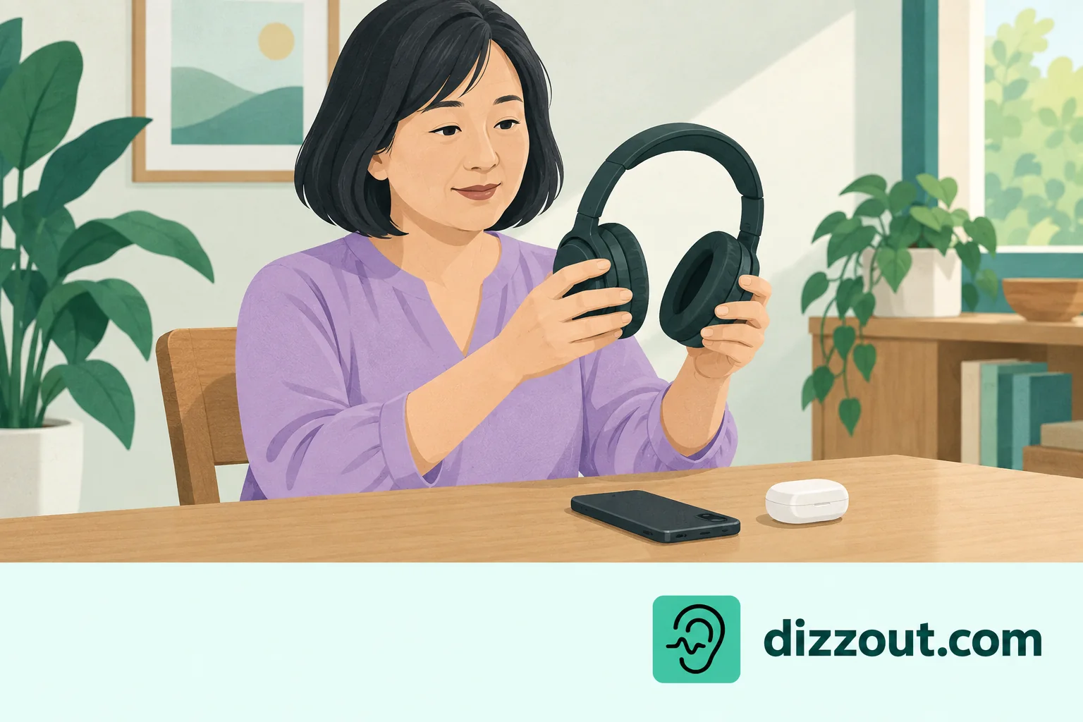 Adult selects ordinary over-ear headphones beside a closed earbud case and face-down phone.