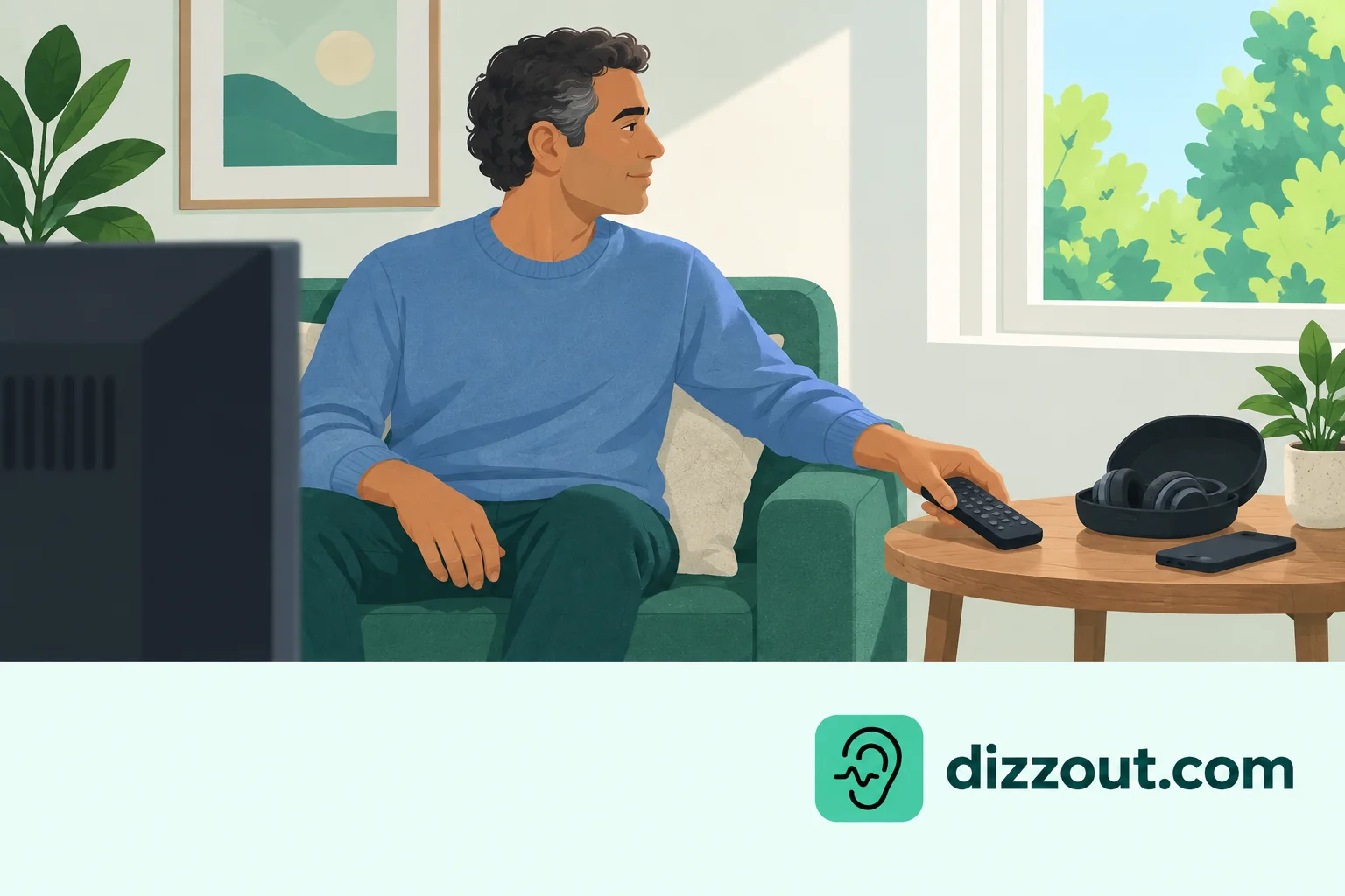 Adult sets a remote on a side table and turns away from a television toward a plain window.