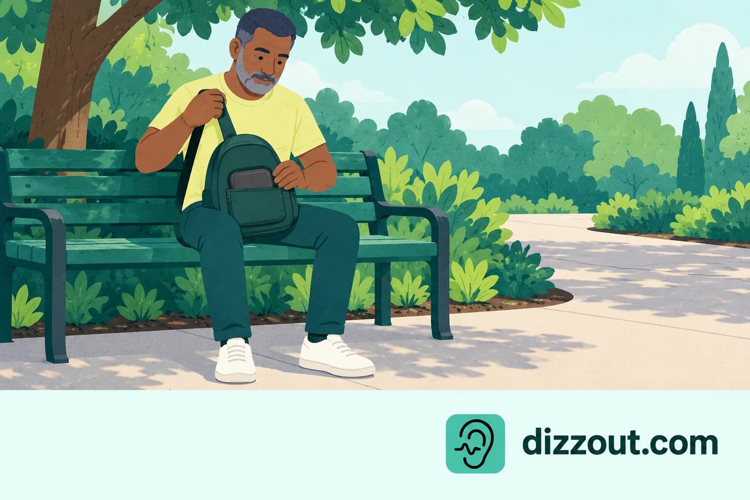 Seated adult brings a backpack from their shoulder onto their lap at a shaded park bench.