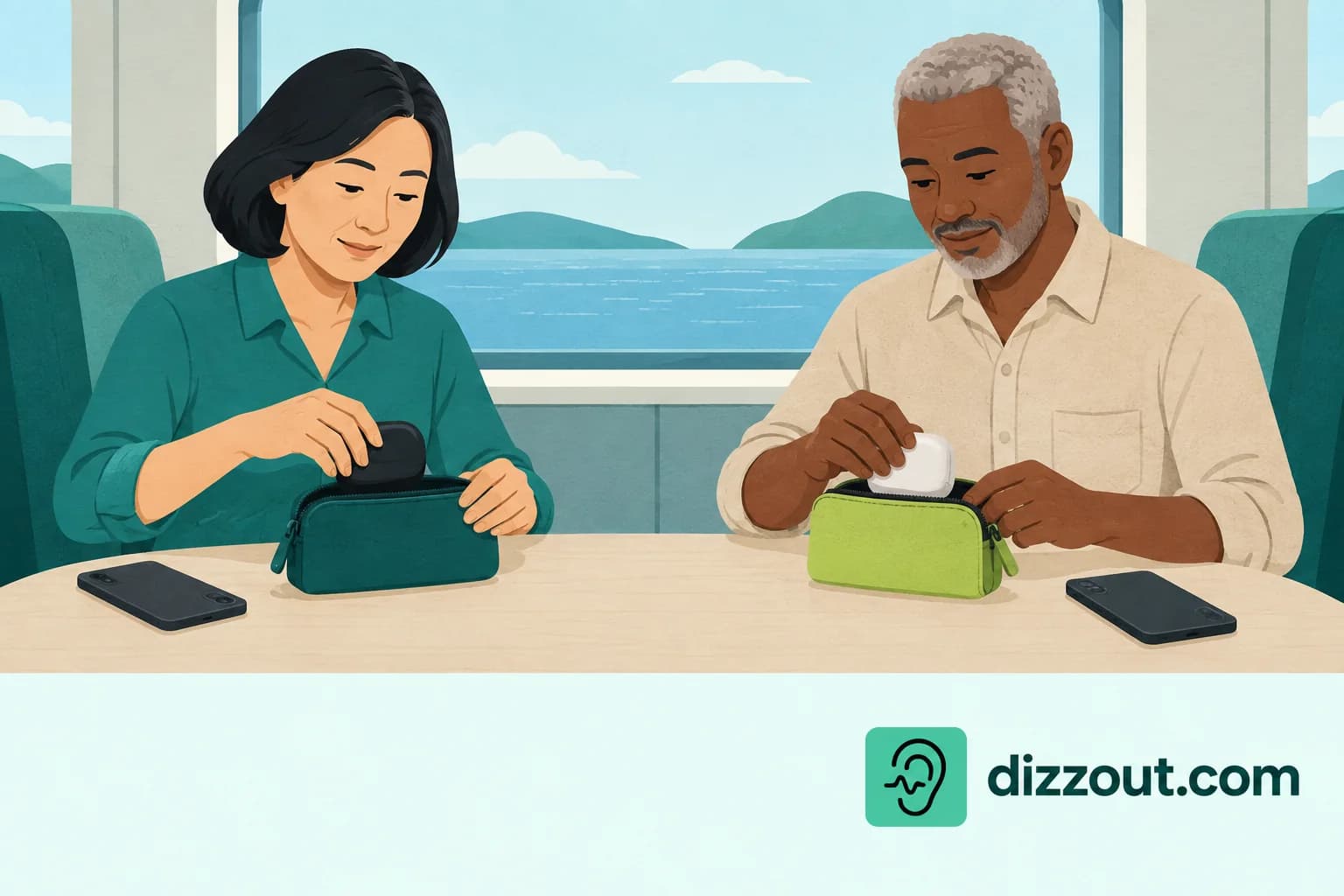 Two adult cabin travelers organize their own headphone cases into separate pouches at a fixed table.