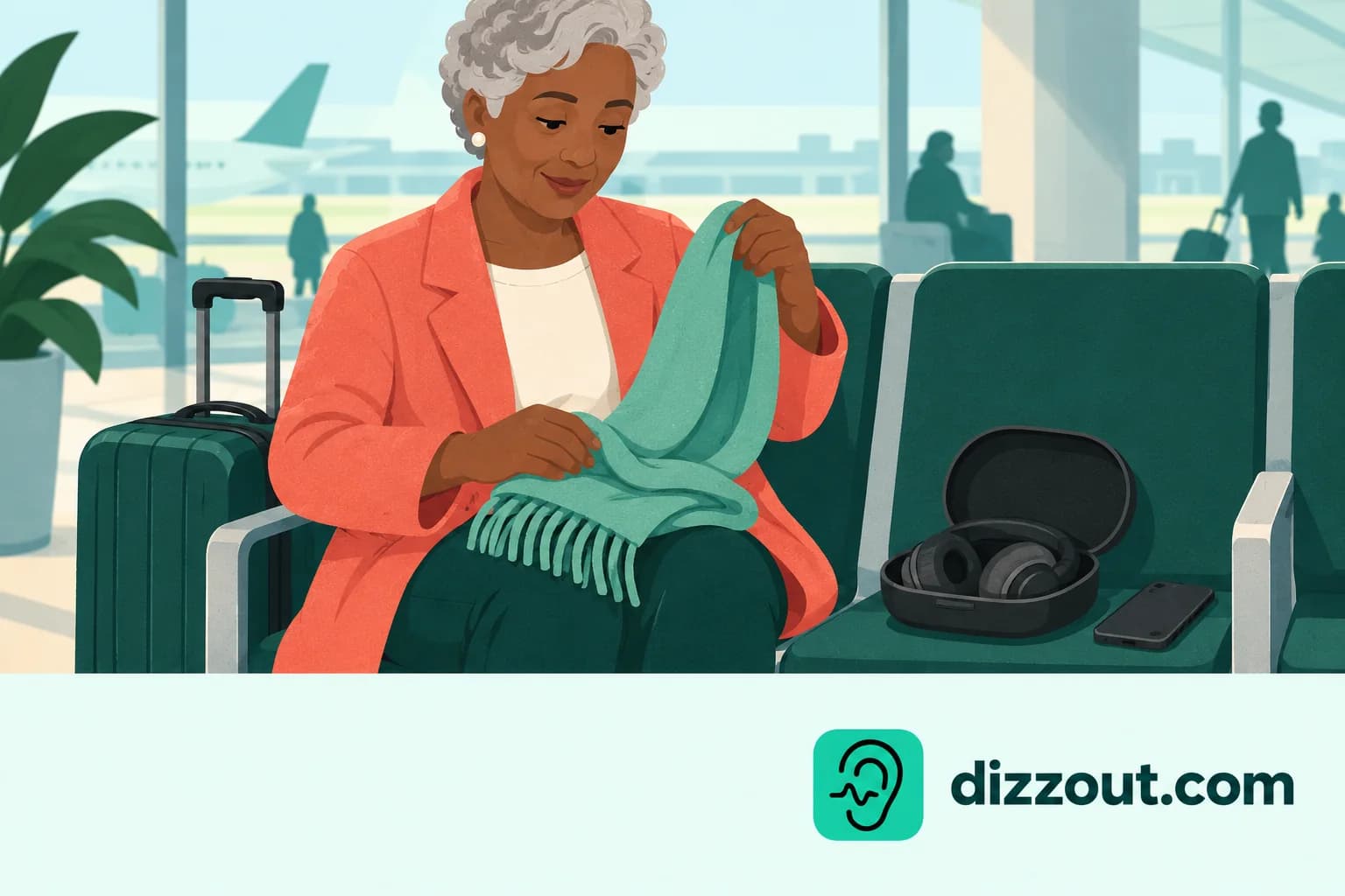 Seated gate traveler folds a scarf onto their lap beside an open case of ordinary headphones.