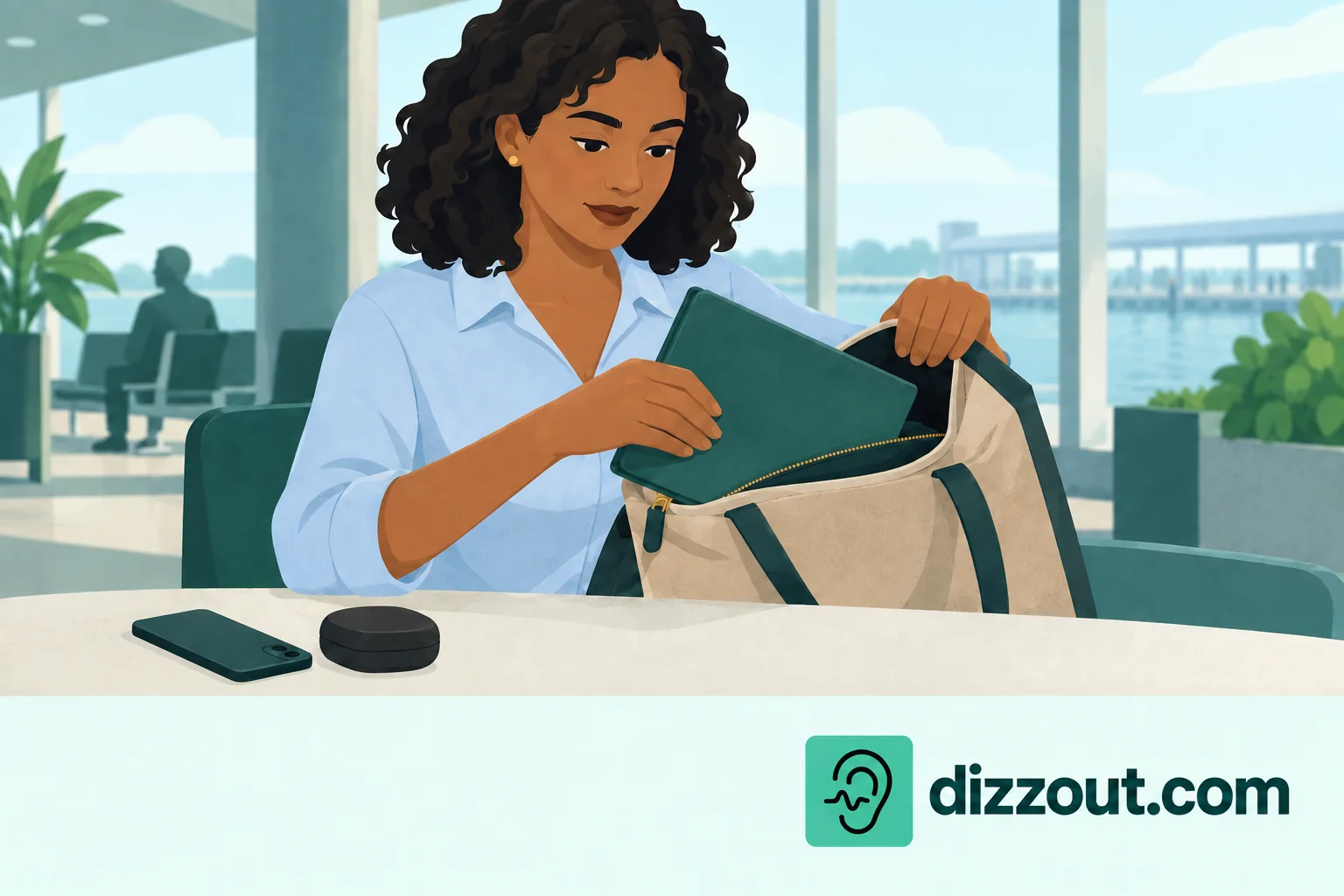 Seated terminal traveler places a closed document folder into a daybag beside a phone and headphone case.