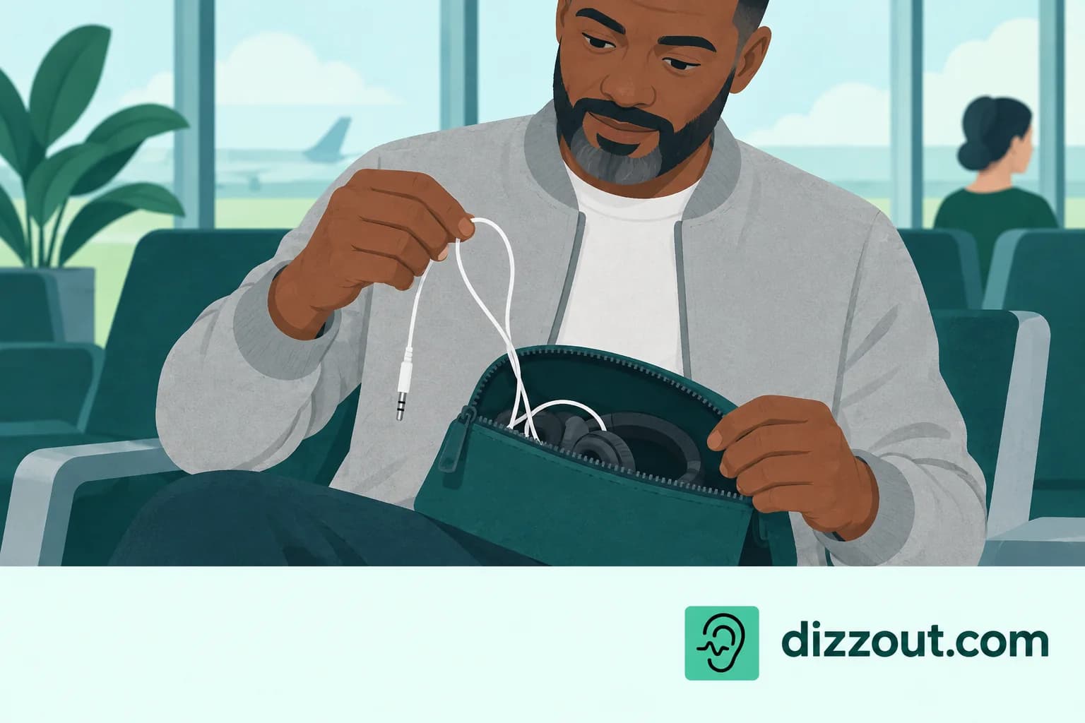 Seated gate traveler lifts a headphone lead away from the zipper of an open pouch.