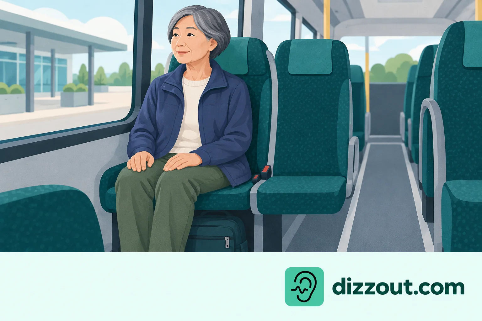 Adult shuttle passenger sits with hands free and ears uncovered, with a closed daybag stowed below the seat.