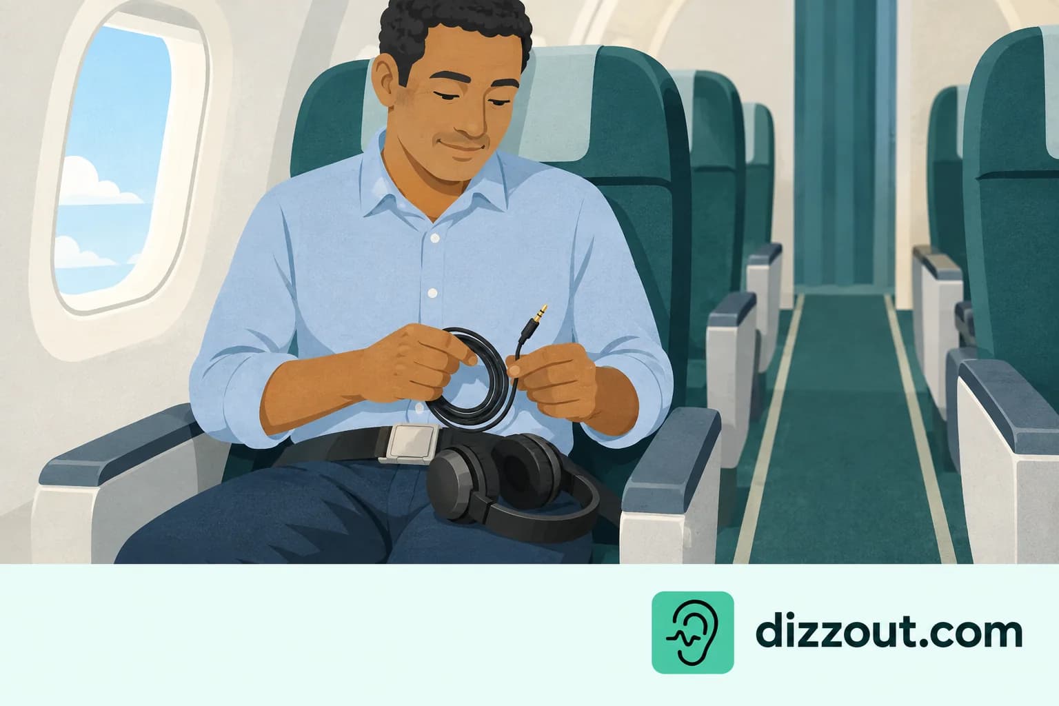 Aircraft passenger with a fastened lap belt gathers a headphone lead within their own lap space.