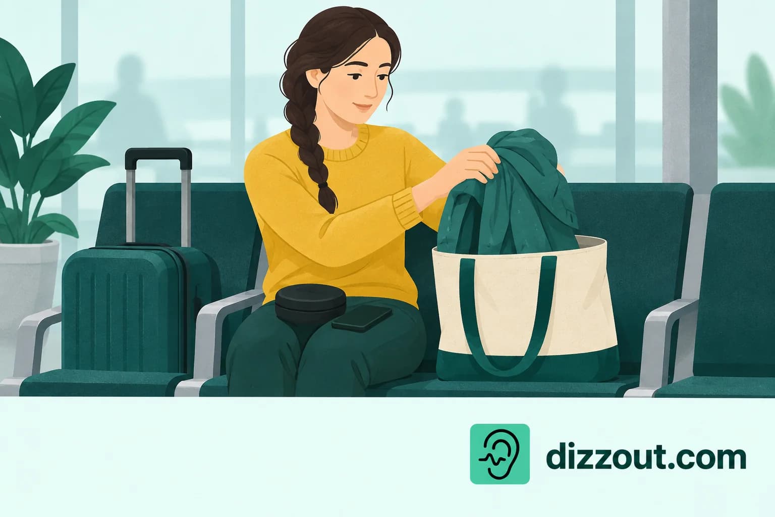 Seated terminal traveler packs a damp jacket into a separate tote while an audio pouch stays dry on their lap.