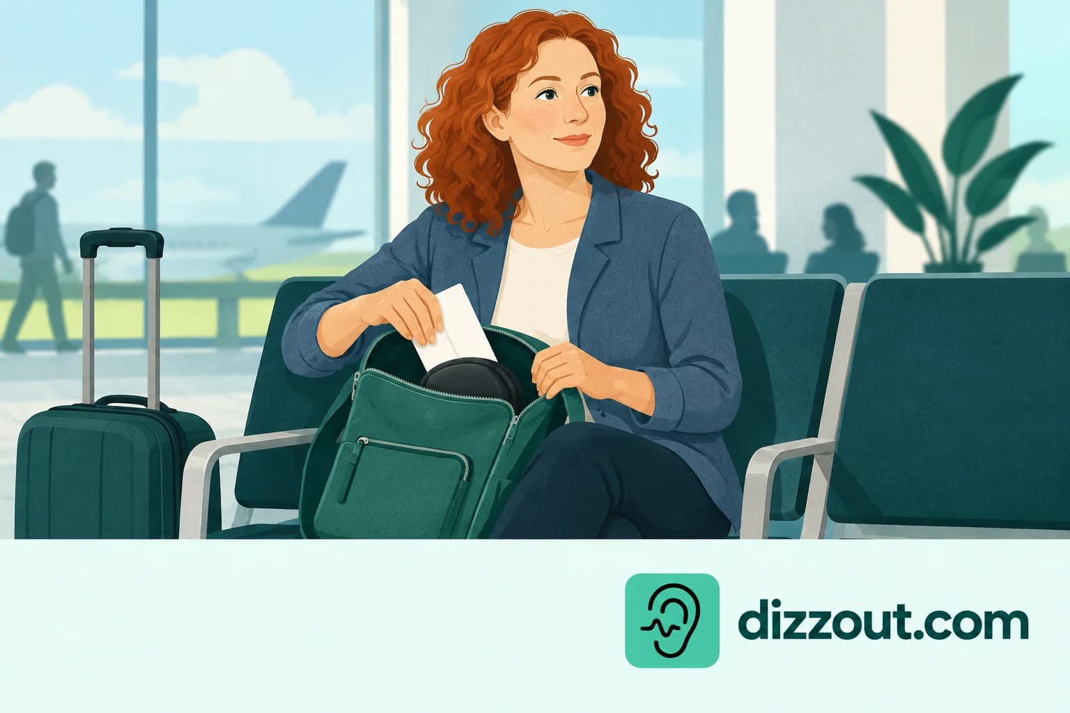 Seated gate traveler puts a folded itinerary into a daybag with headphones packed and ears uncovered.