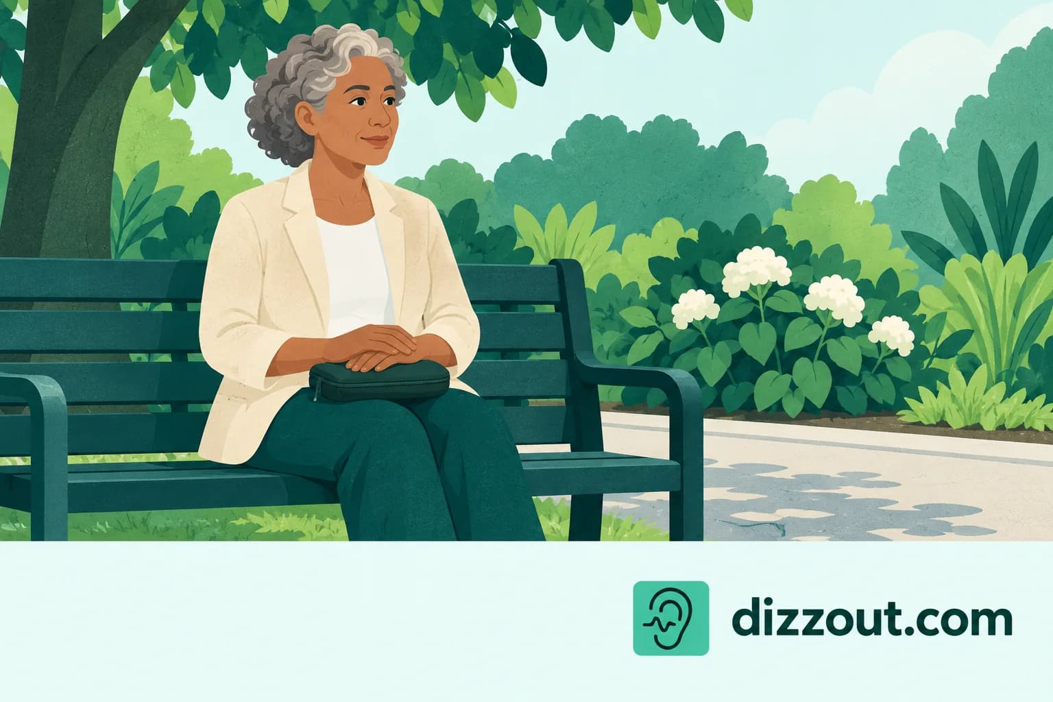 Adult rests alert on a fixed shaded park bench with a closed audio pouch on their lap.