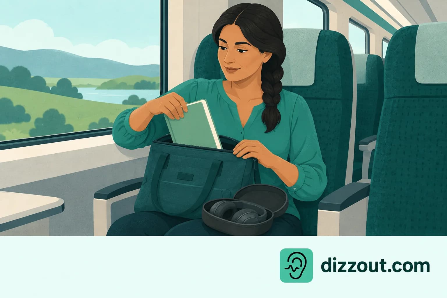 Seated train passenger puts a closed guidebook into a daybag beside unworn headphones in a case.