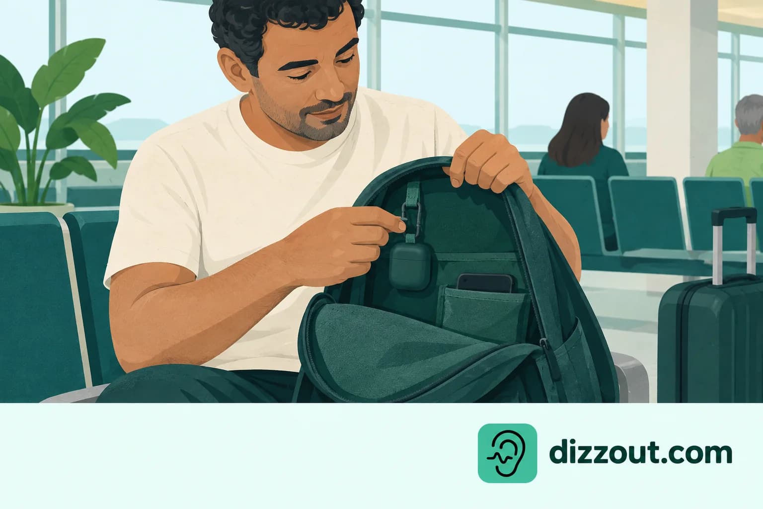 Seated traveler clips a closed earbud case to an interior loop in an open daybag.