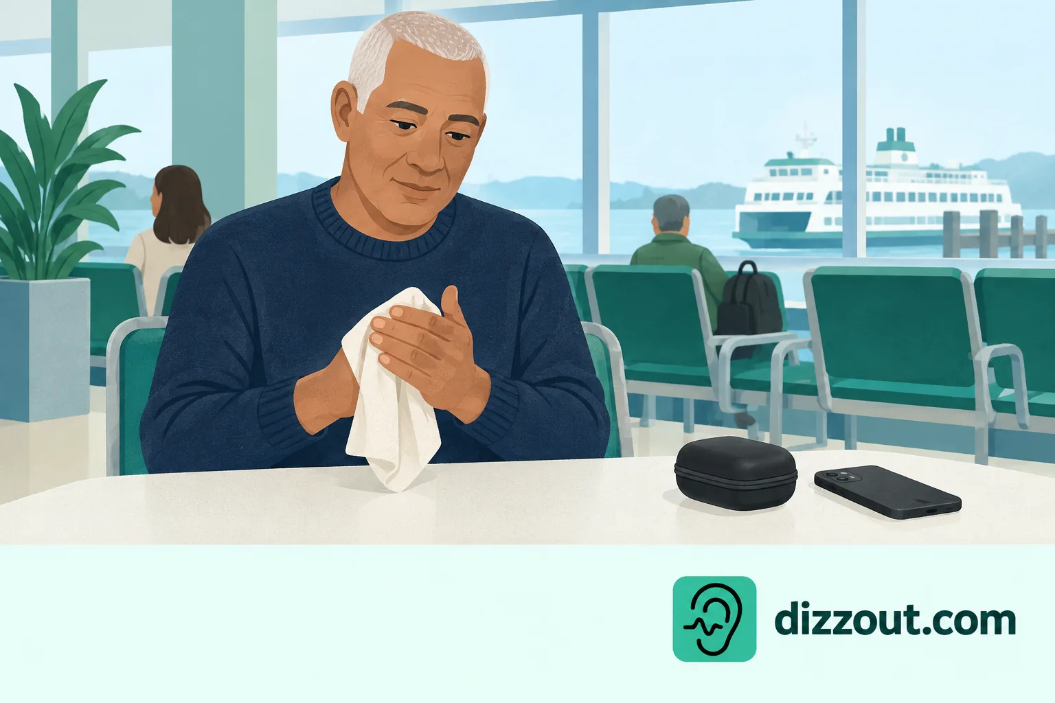 Seated terminal traveler dries their hands with a cloth, away from a closed headphone case and phone.
