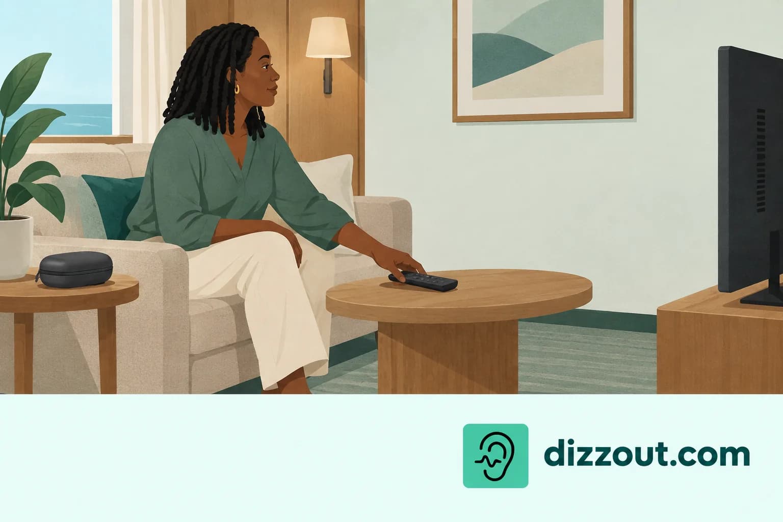 Seated cabin traveler sets a remote on a table, with a closed audio case on a separate side table.