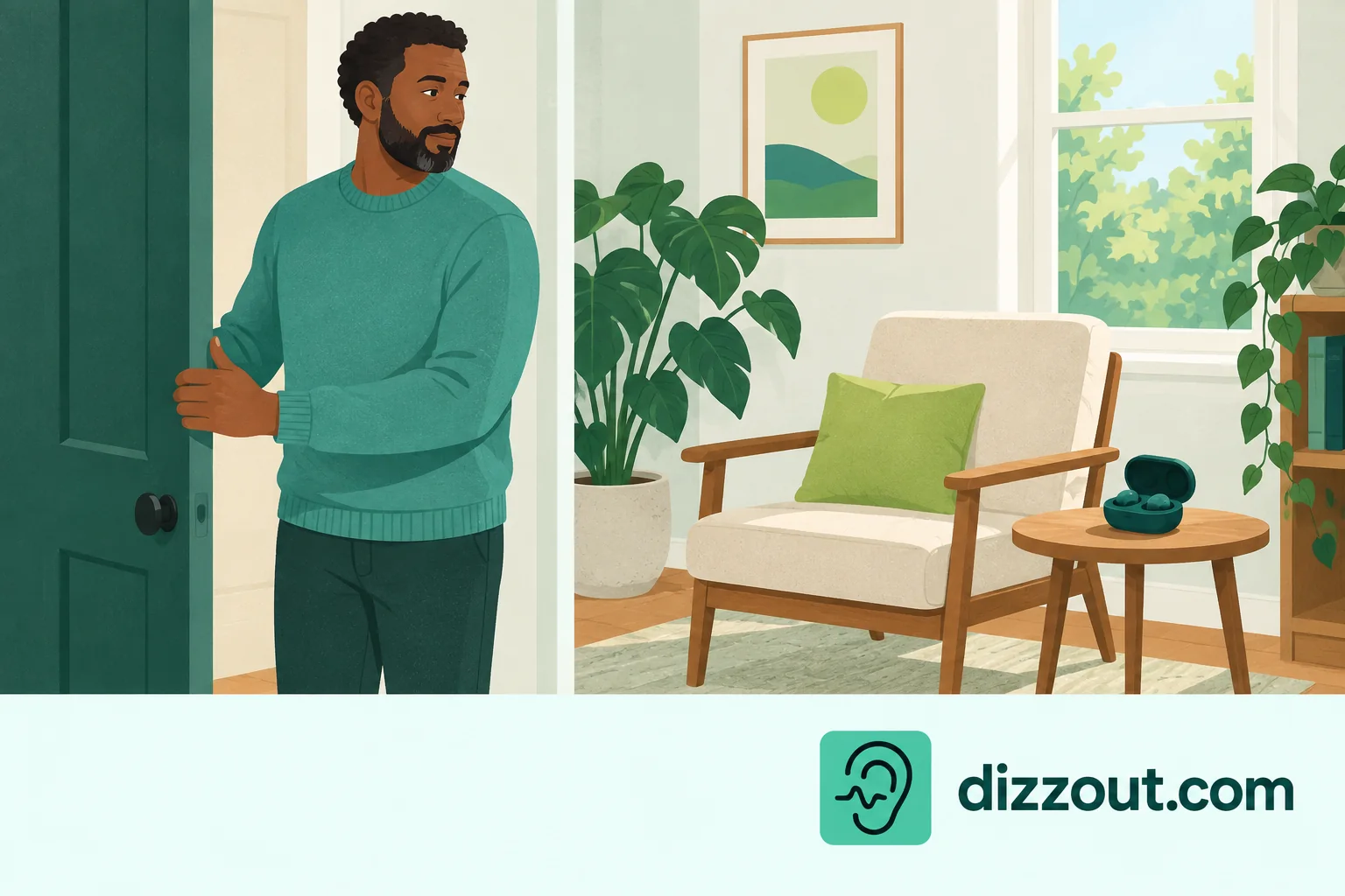 Adult closes the door to a gaming area beside an ordinary chair and open headphone case in a bright room.