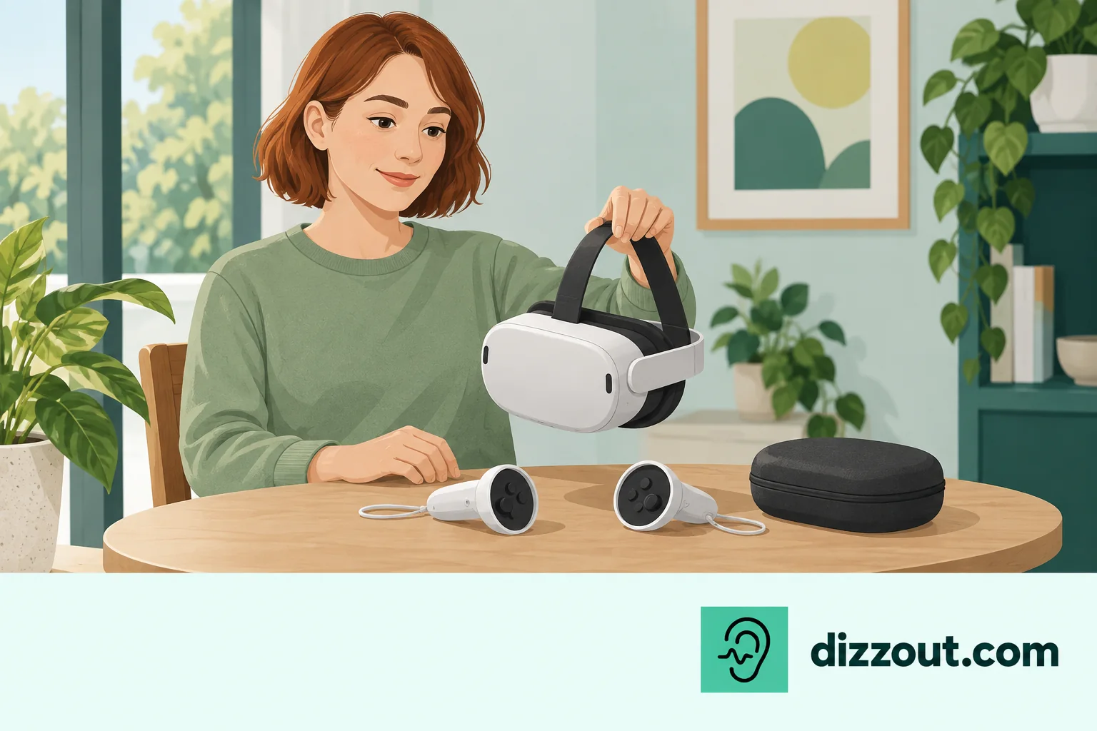 Seated adult holds a fully removed VR headset above a table with controllers already put down.
