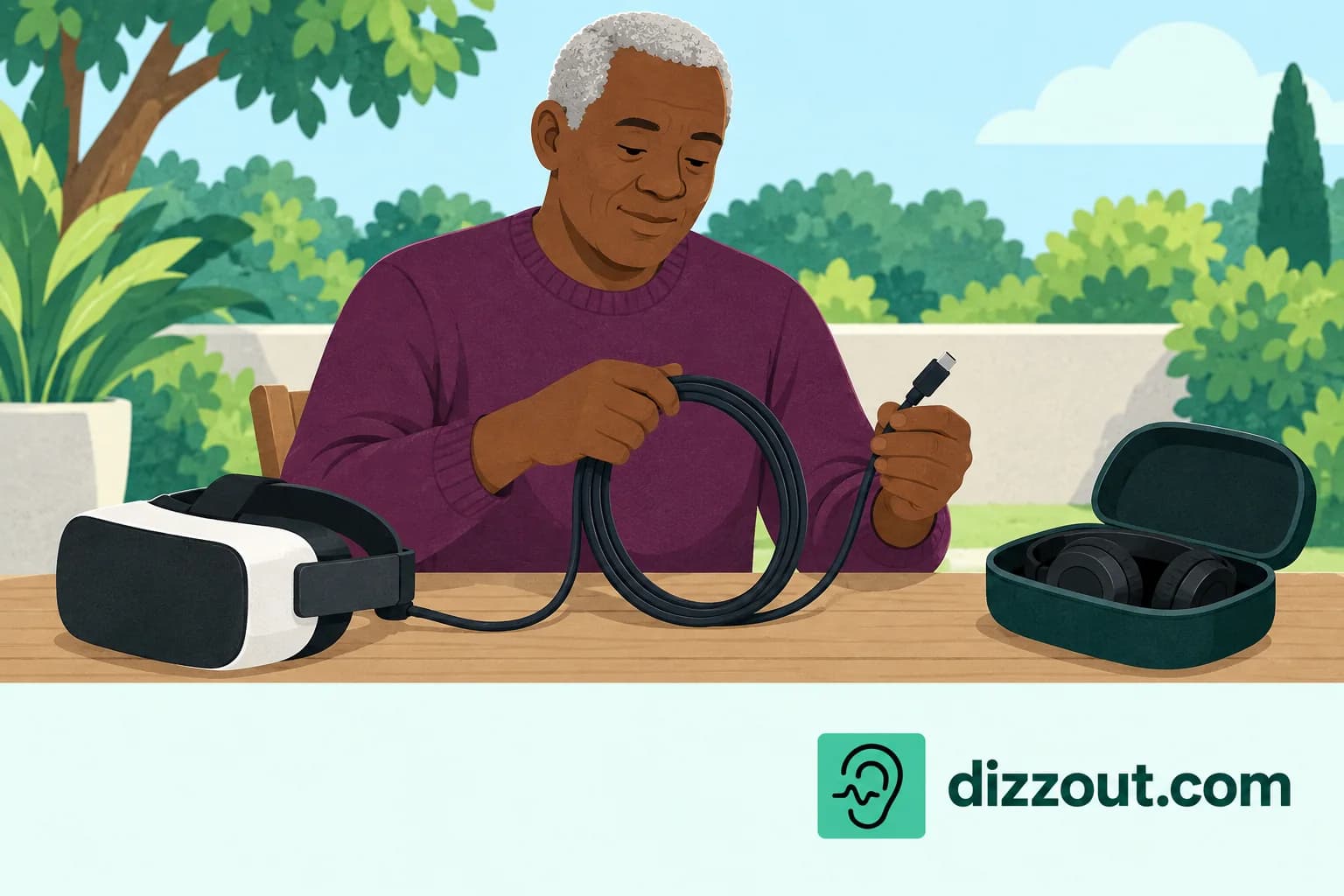 Adult gathers a single VR headset tether on a table beside the fully removed headset.