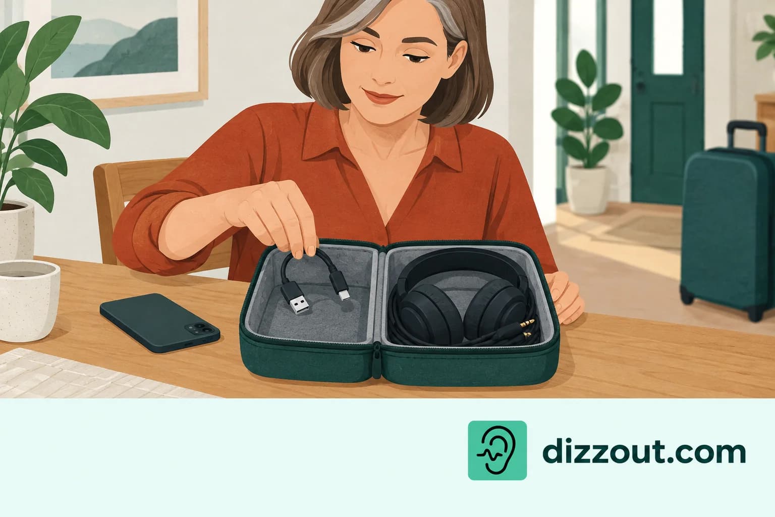 Adult separates a disconnected charging cable from wired headphones in a two-compartment organizer.
