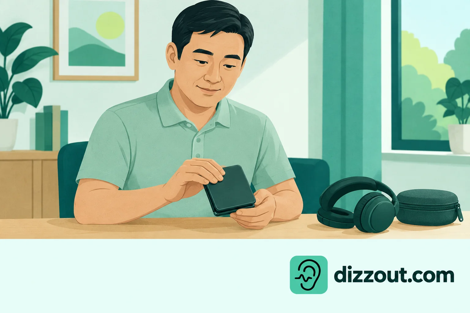 Adult gently closes a generic folding phone beside ordinary headphones on a table.
