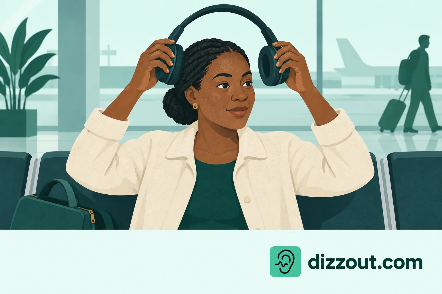 Seated gate traveler adjusts an ordinary headphone headband with bags contained beside the seat.