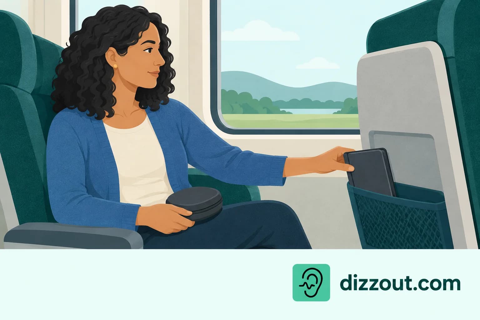 Train passenger places a covered e-reader in a seat pocket with a closed headphone case on their lap.