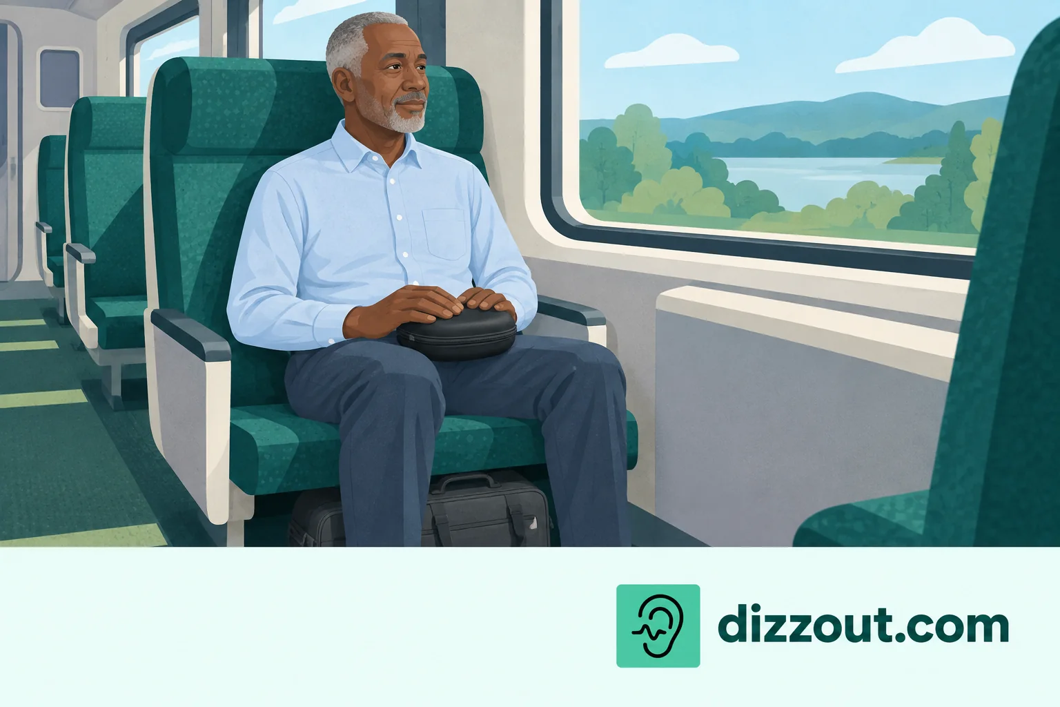 Train passenger sits with a closed headphone case on their lap and a bag contained at the base of the seat.