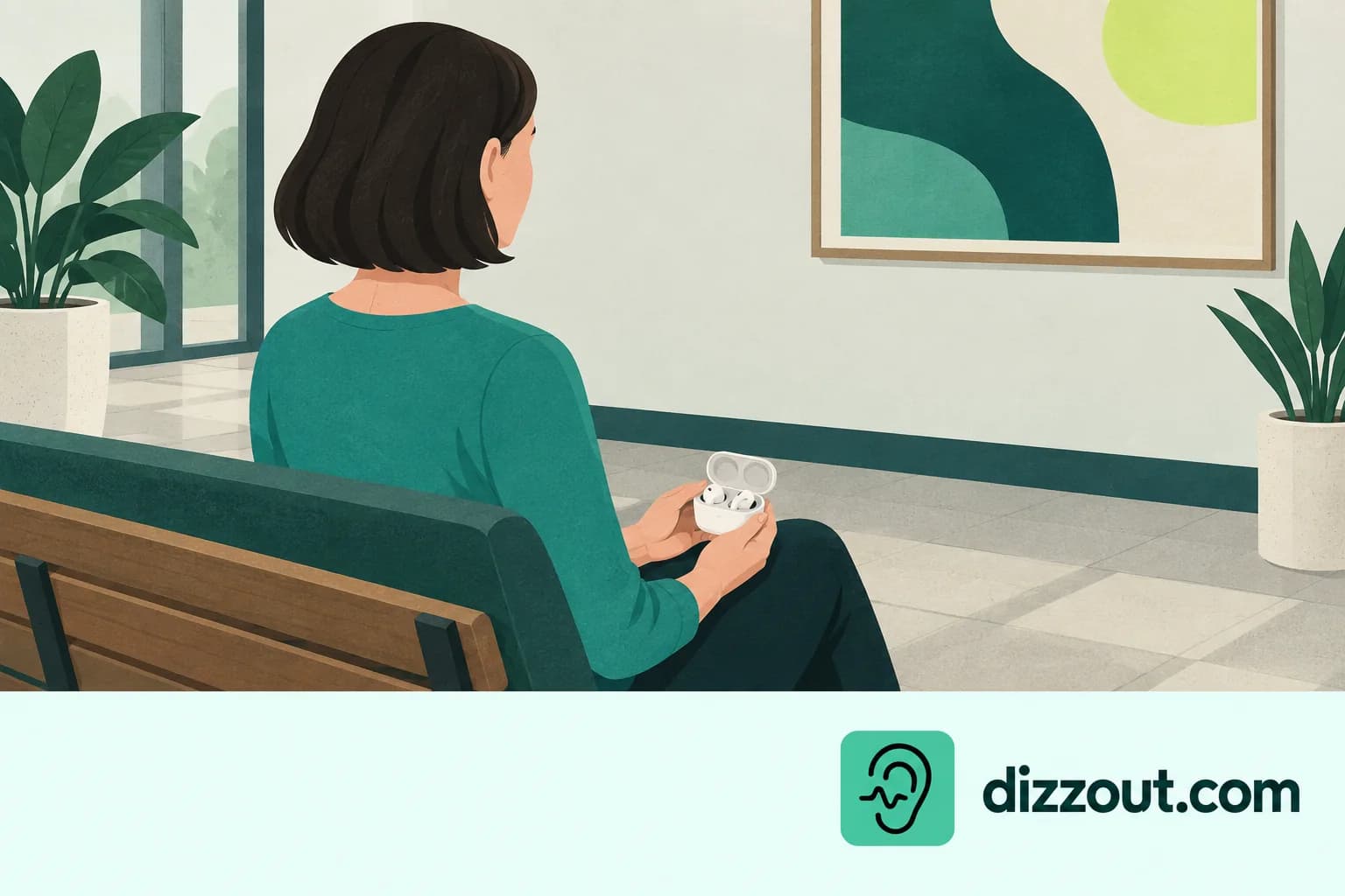 Adult sits in a quiet lobby facing a wall with still artwork, with an open earbud case on their lap.