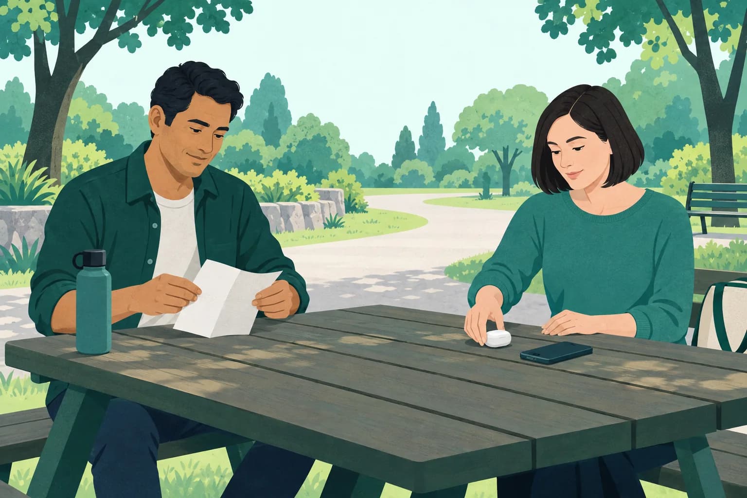 Two adults at a quiet picnic table folding a leaflet and setting out a phone and earbuds.
