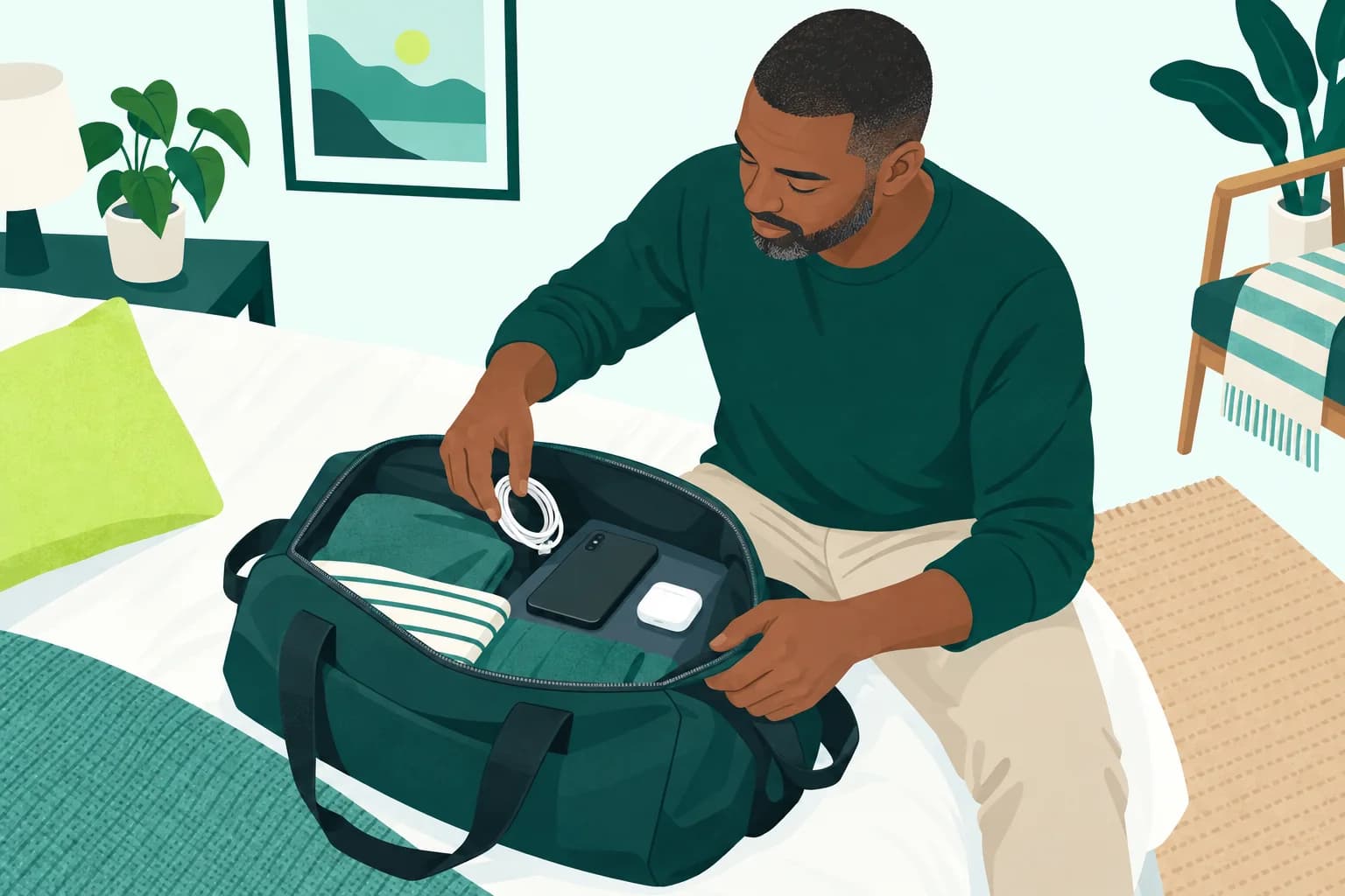 Adult beside a weekend bag organizing a short charging lead near a phone and earbud case.