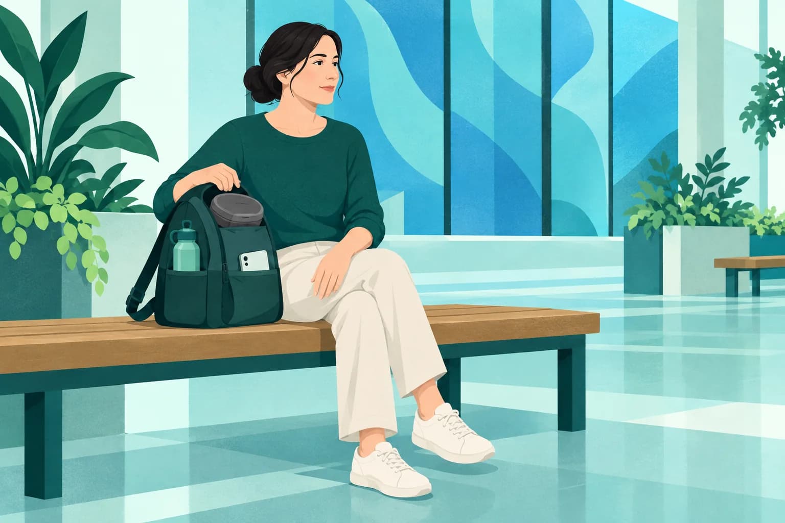 Adult on an indoor atrium bench with a capped bottle and headphone case in daybag pockets.