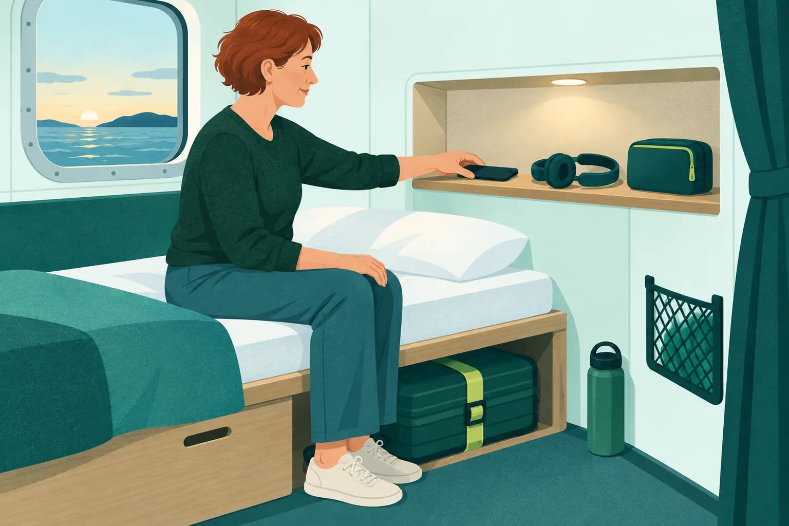 Adult seated beside a lower ferry berth placing a phone and headphones on a fixed shelf.