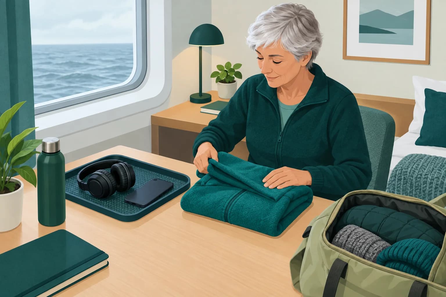 Adult folding a warm layer beside headphones and a phone on an indoor cabin tray.