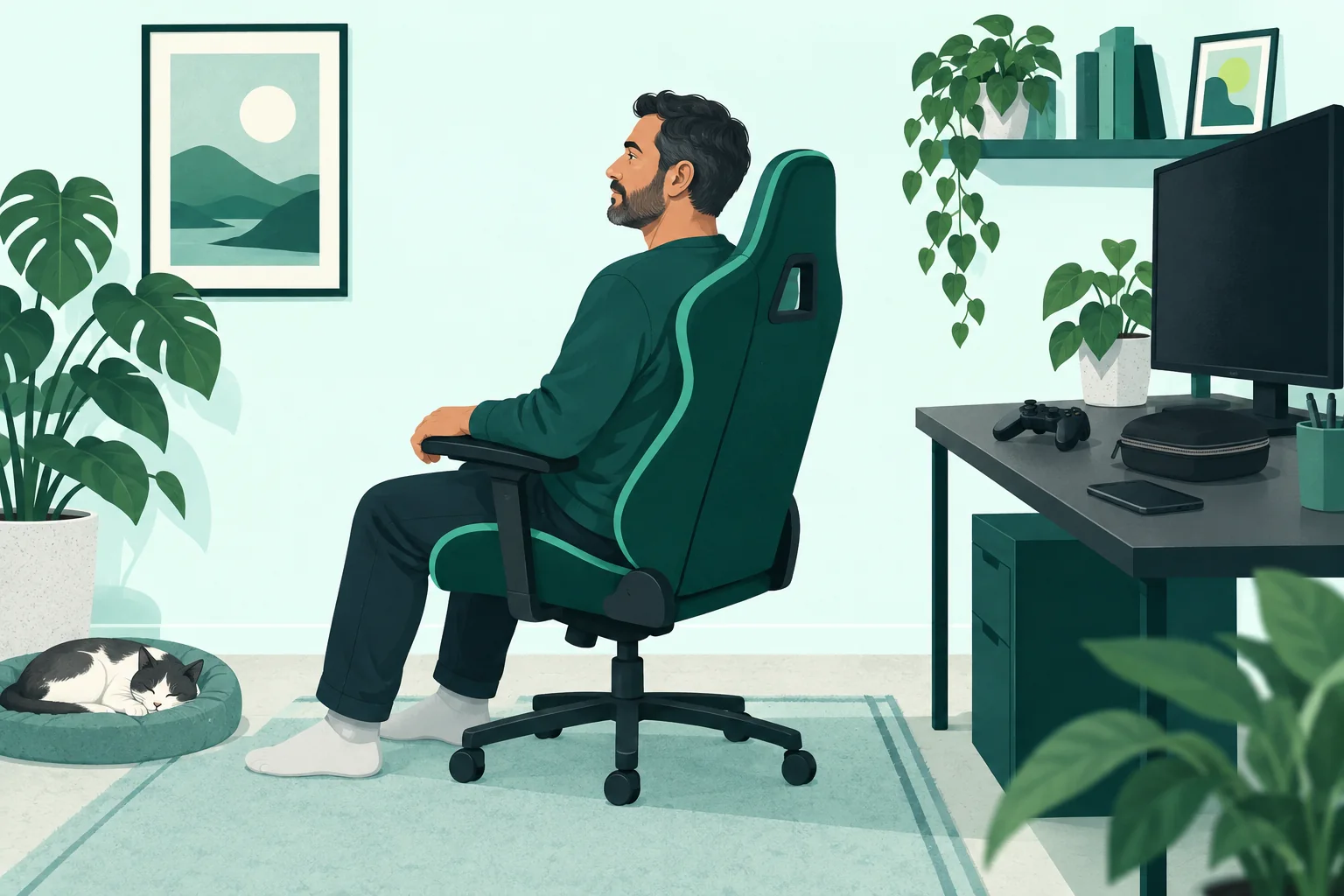 Adult player facing away from a dark monitor with a controller on the desk and a headphone case nearby.
