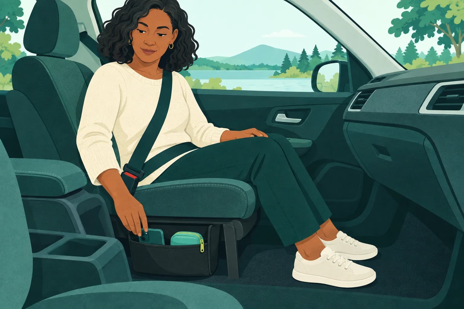 Adult passenger in a parked car with a compact daybag stowed below the seat and audio pouch accessible.