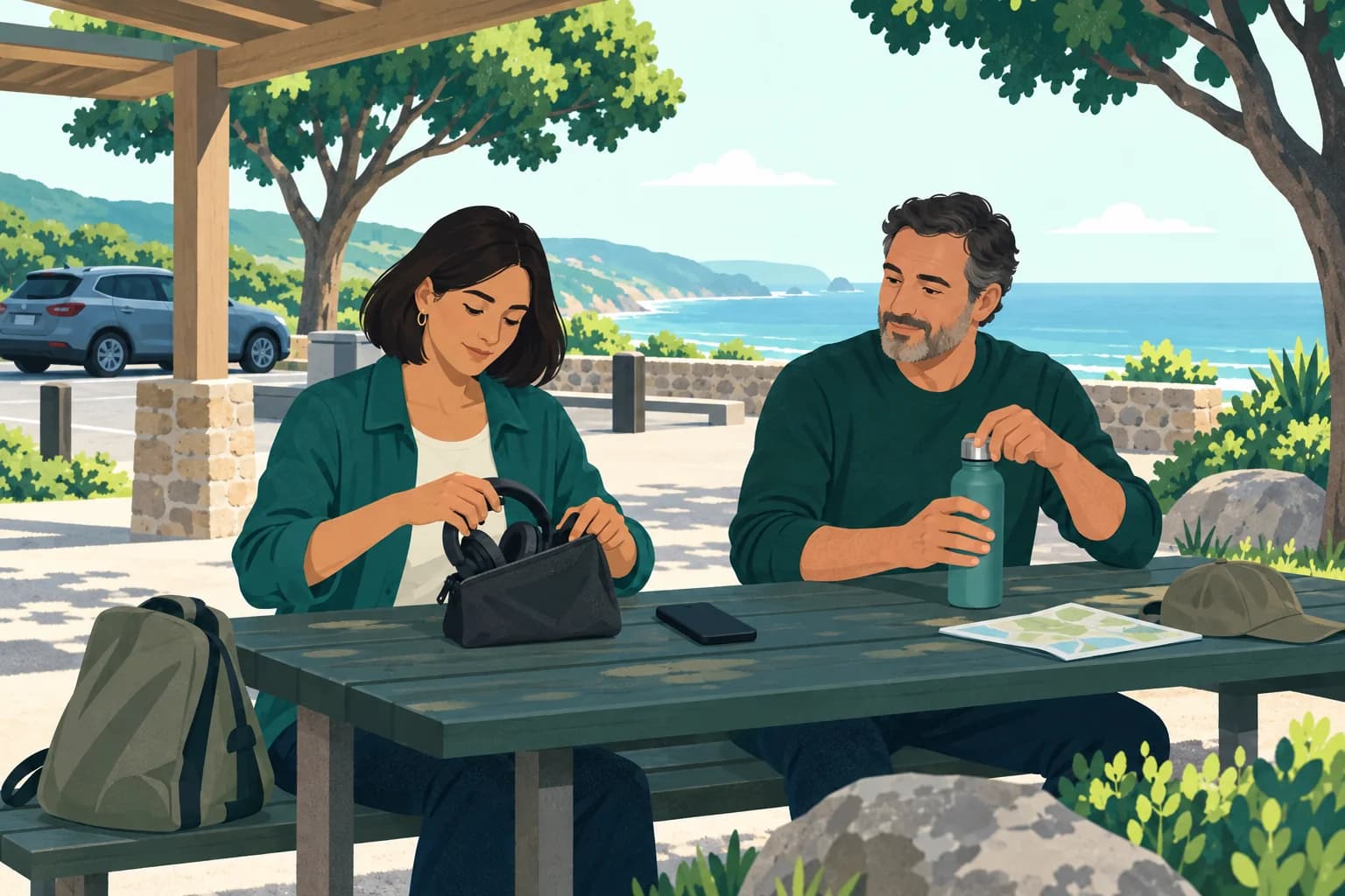 Two adults at a shaded rest-area table, one packing headphones while the other caps a bottle.