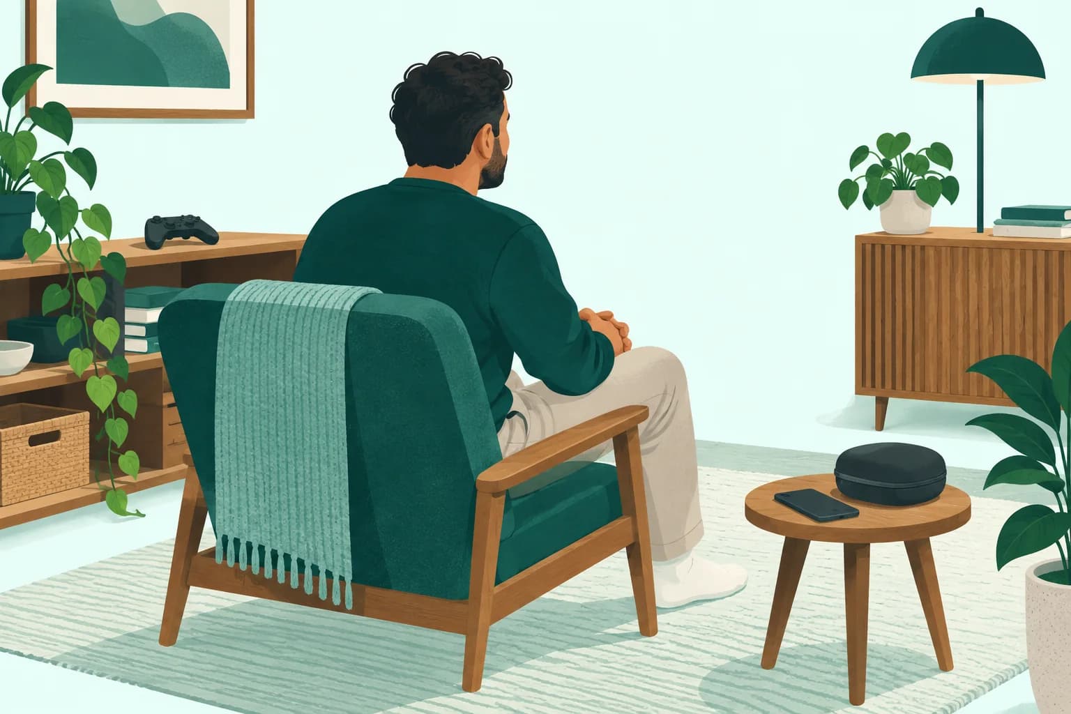 Adult player seated facing a quiet wall with a controller on a shelf and a phone and headphone case on a side stool.