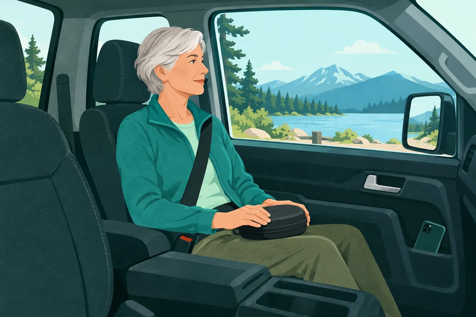 Belted adult passenger in a parked pickup with a headphone case on their lap and a clear side window.