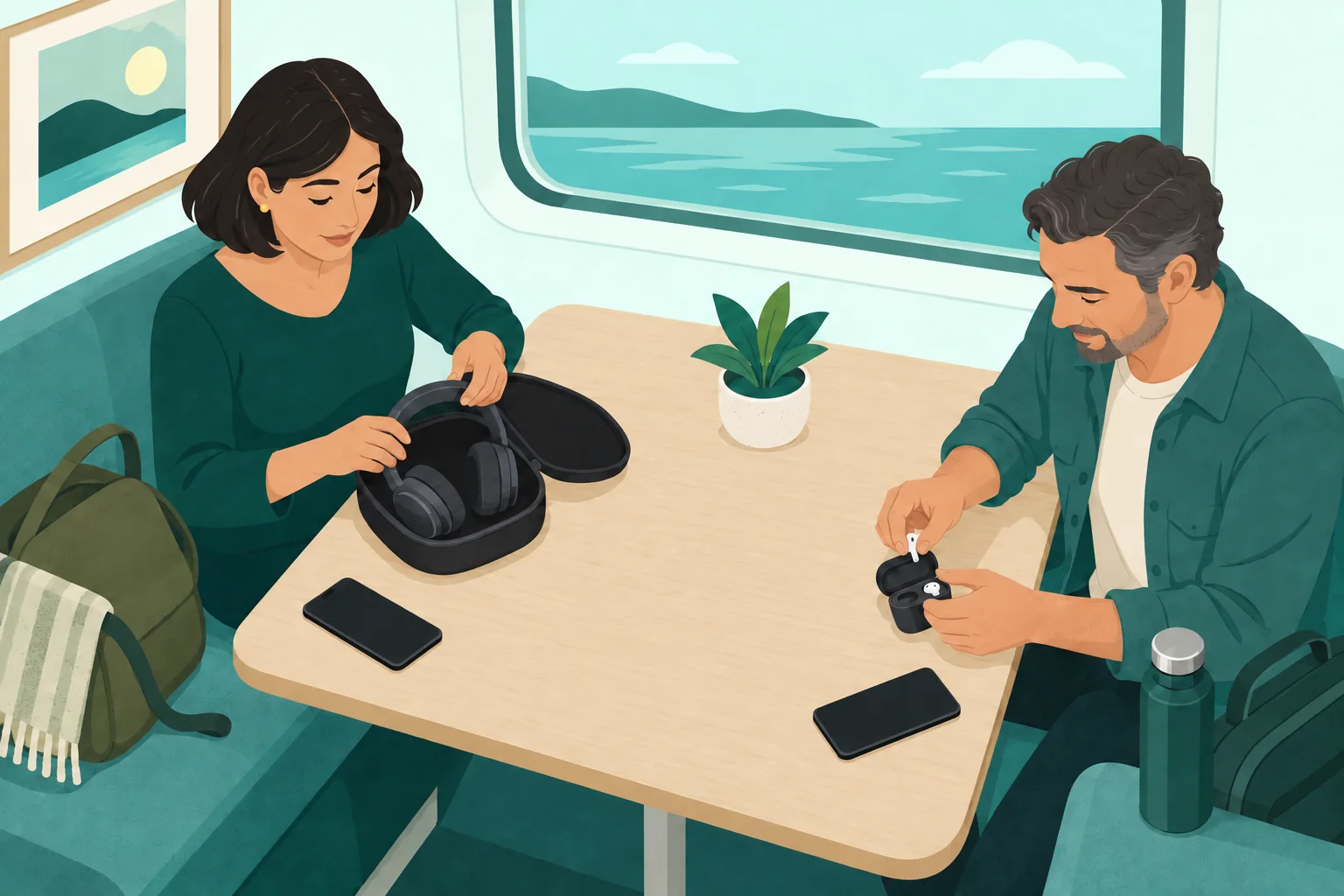 Two adults at a cabin table organizing separate headphone cases and personal phones.