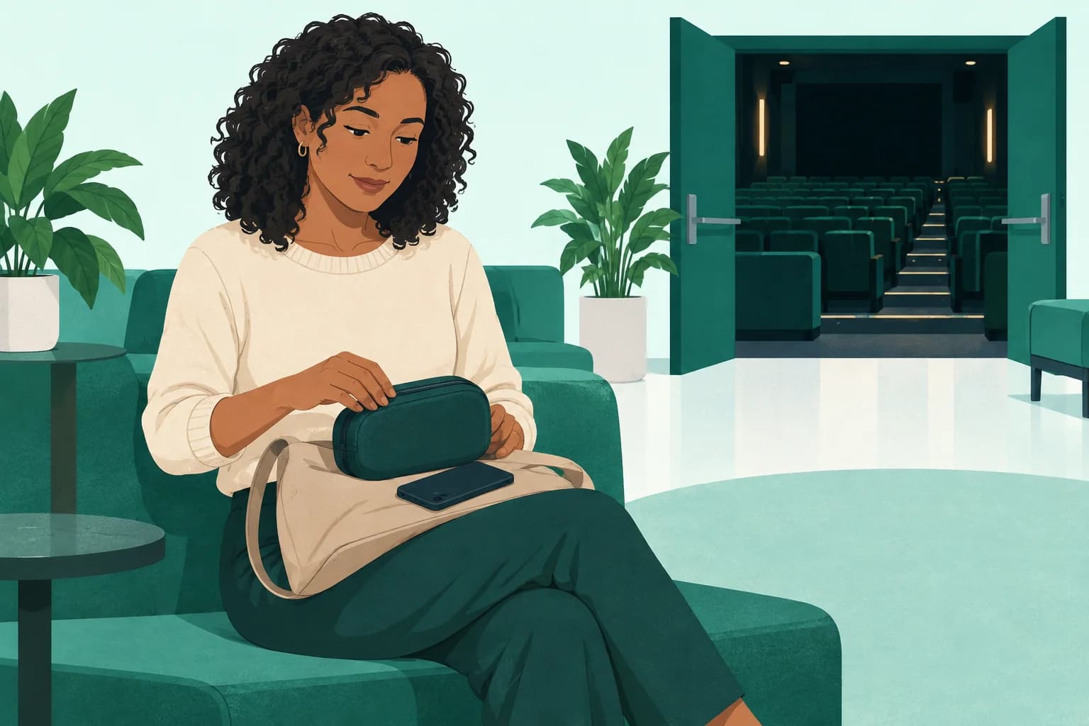 Adult seated in a cinema lobby with a zipped headphone pouch and phone on a bag.