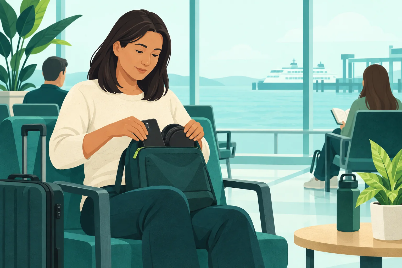Adult seated in a ferry terminal packing a phone and folded headphones into a daybag.