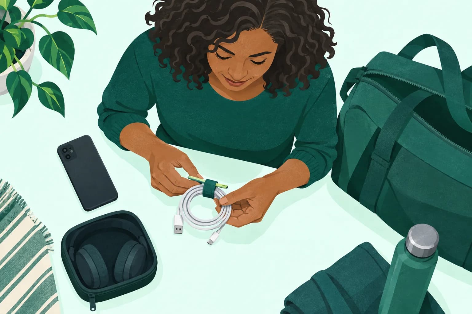 Adult at a home table coiling one charging lead beside a phone and an open headphone case.