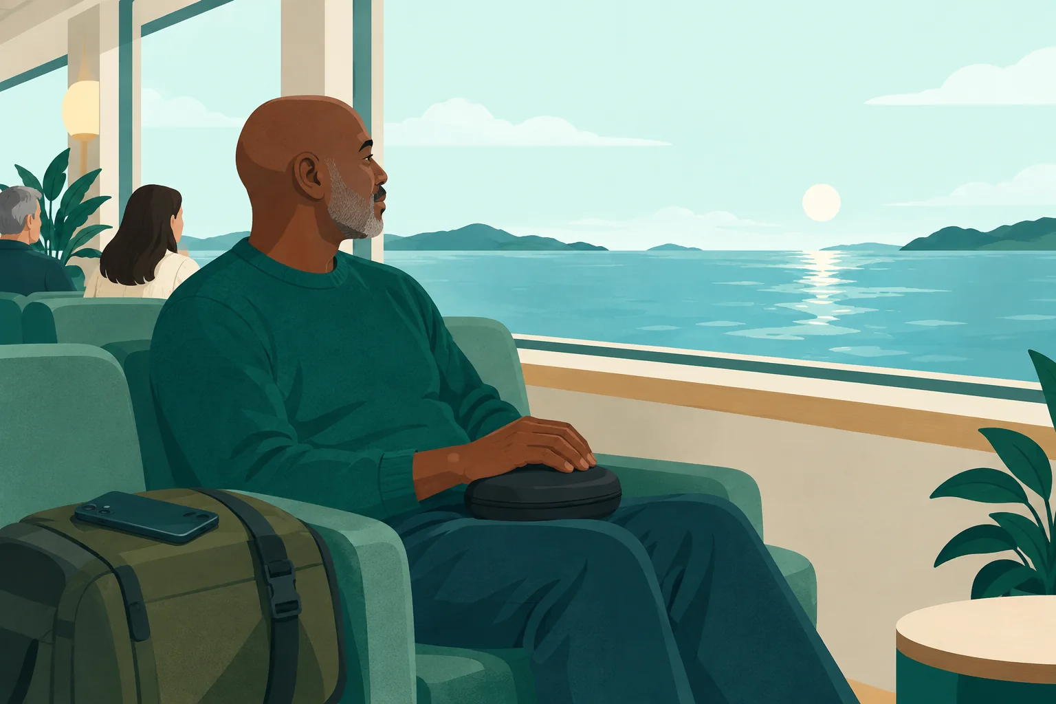 Adult seated at a ferry window with a phone on a secured bag and a headphone case on their lap.