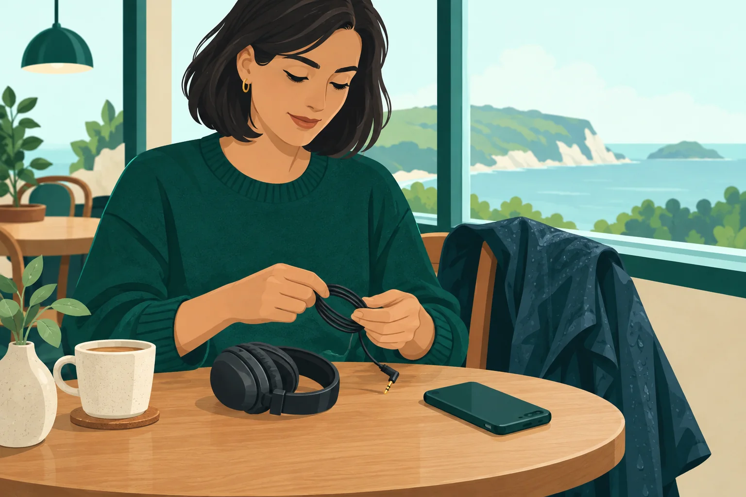 Adult at a dry cafe table gathering a short headphone lead beside a closed phone.