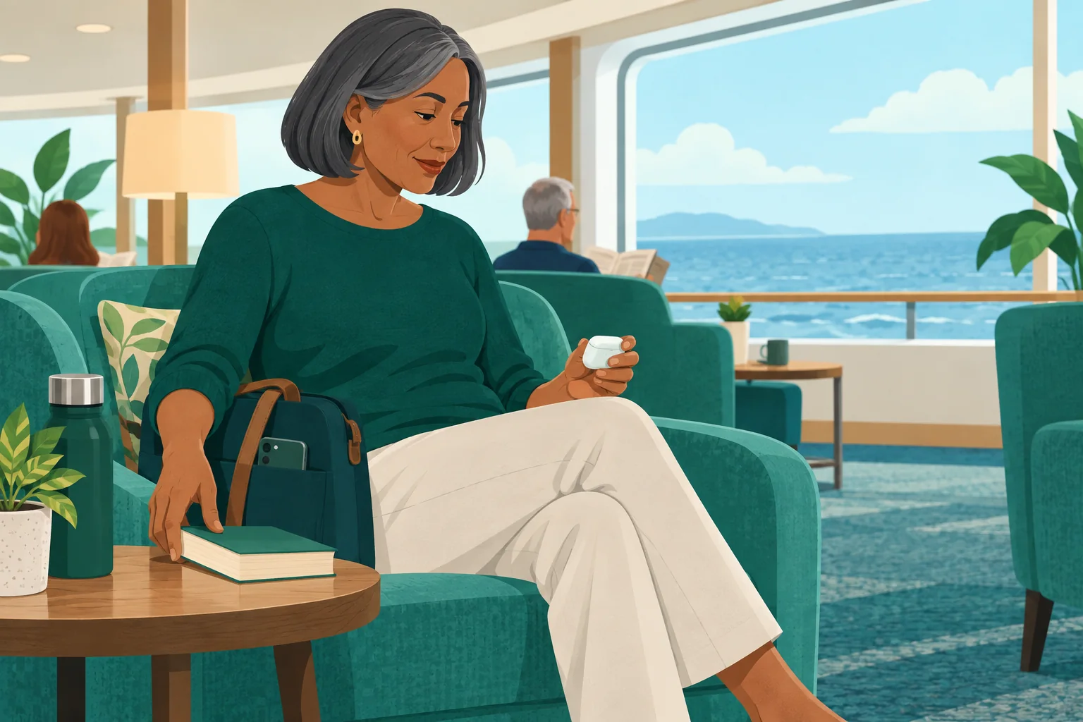 Older adult in a ship reading lounge placing a closed book beside a bag and retrieving an earbud case.