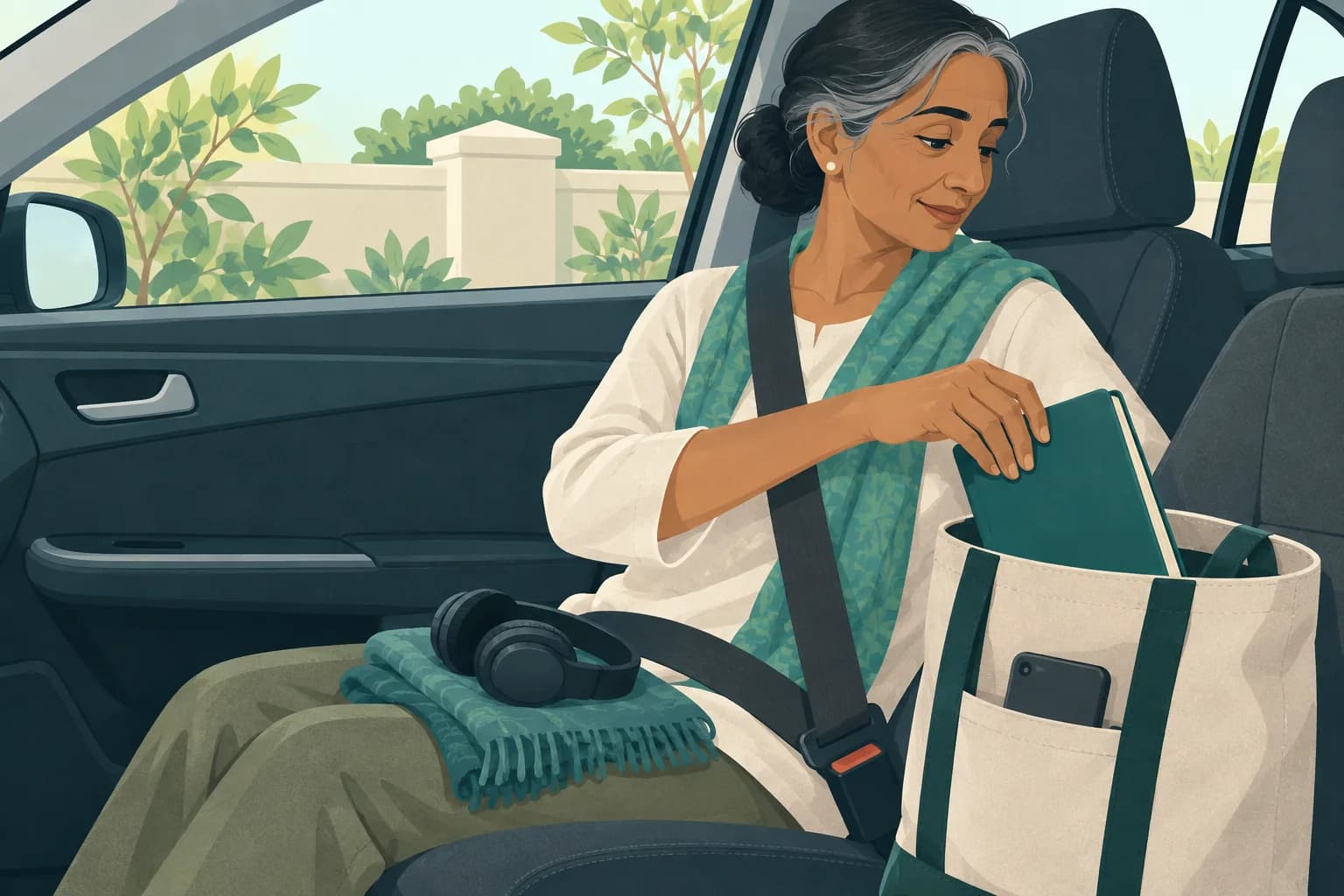 Older adult passenger puts a closed book into a tote before preparing folded headphones in a parked sedan.