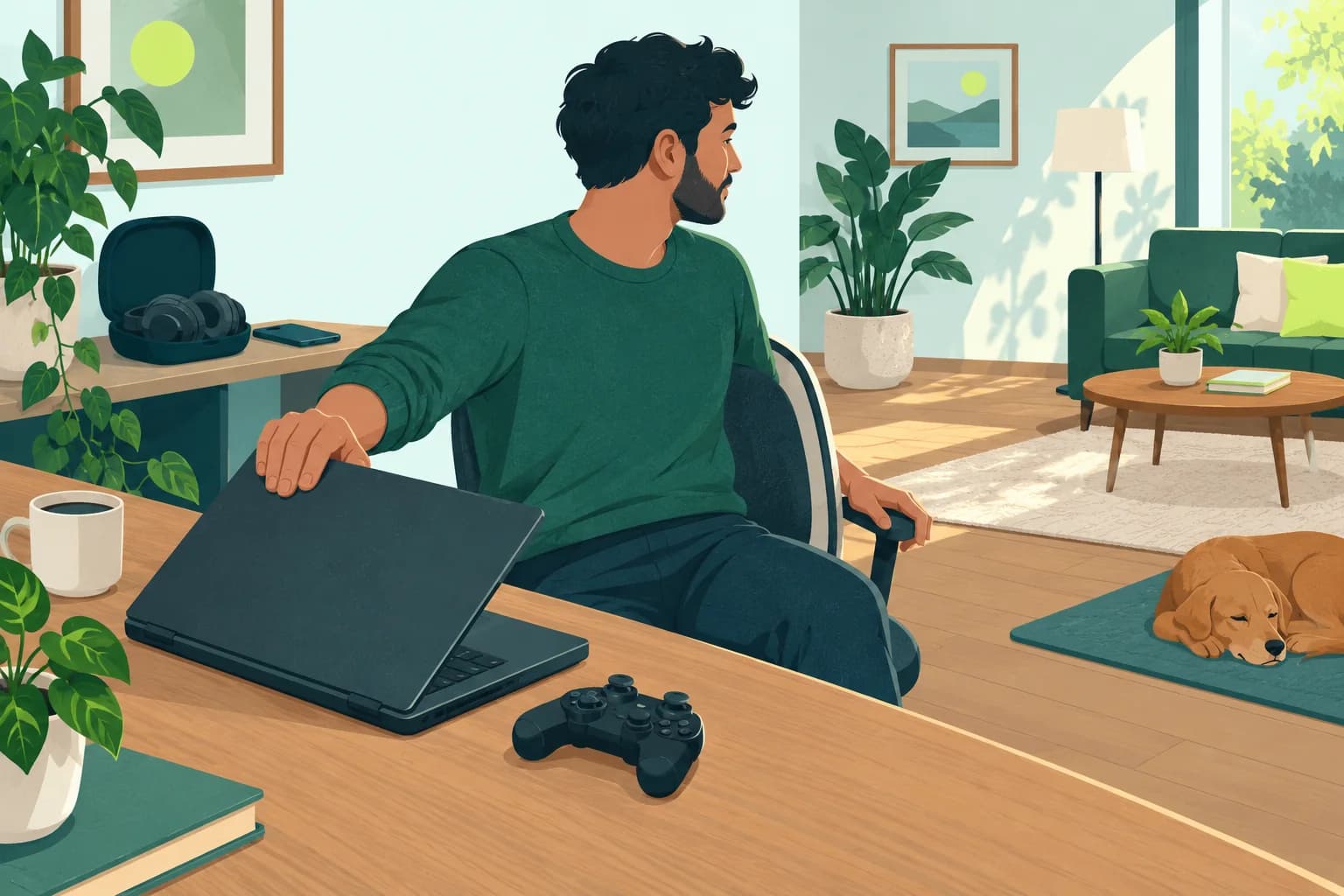 Adult player closes a laptop and turns their chair toward the room with ordinary headphones on a nearby shelf.