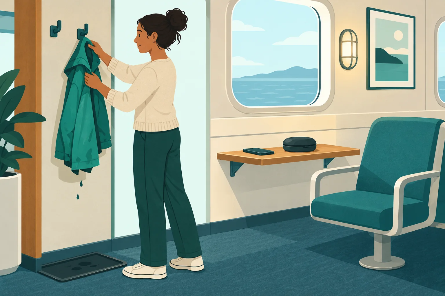 Adult hangs a damp jacket away from a dry shelf holding a phone and closed headphone case.