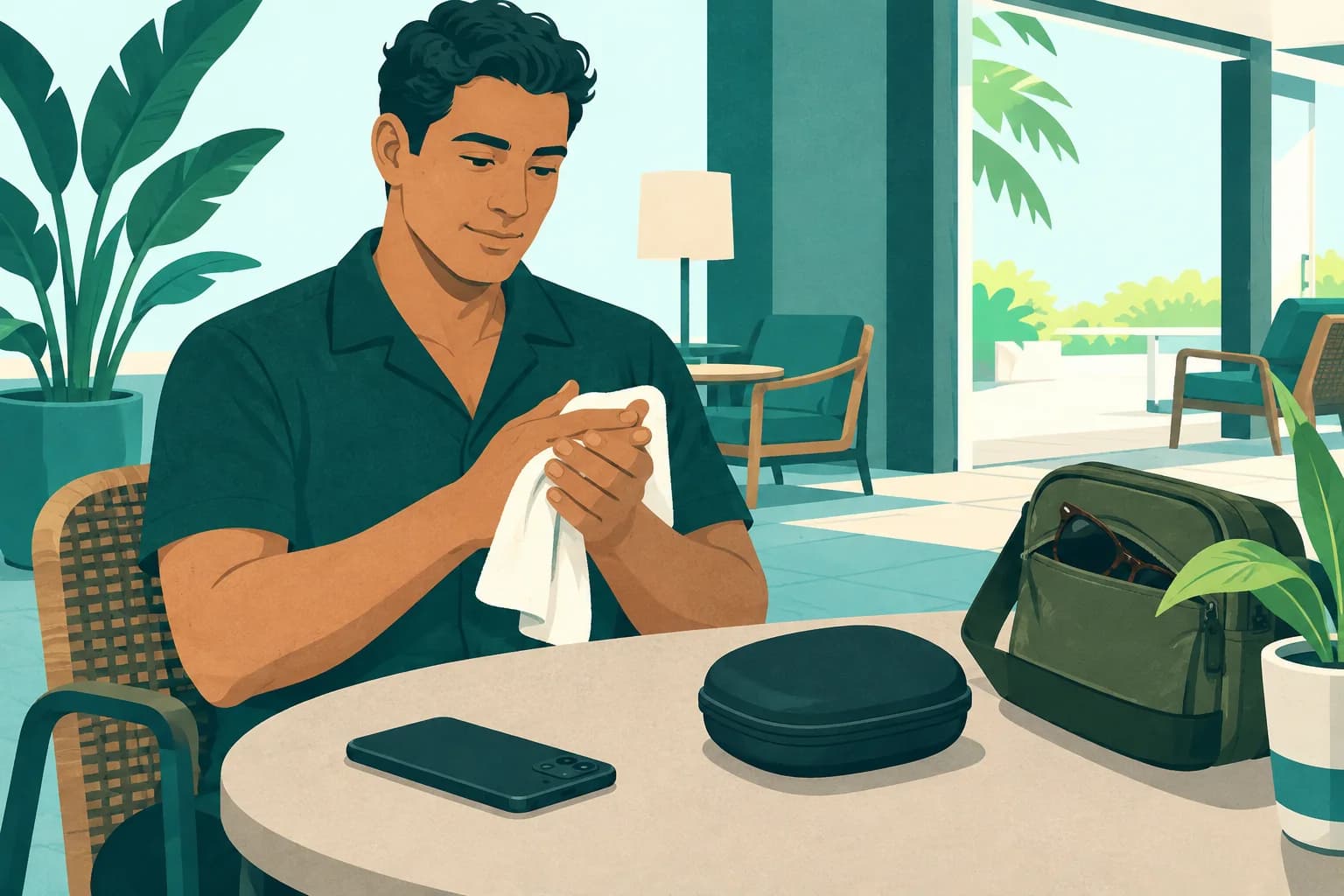 Adult traveler dries their hands at a sheltered table before opening a personal headphone case.
