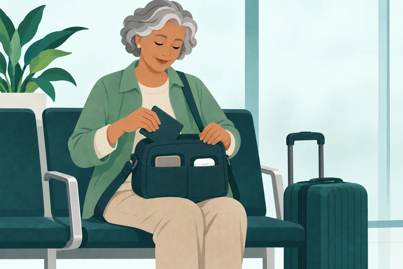 Older adult passenger puts a plain document wallet into a separate bag pocket from their audio equipment.